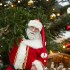 Weihnachtmann trägt Weihnachtsbaum über der Schulter, daneben eine Weihnachtskrippe