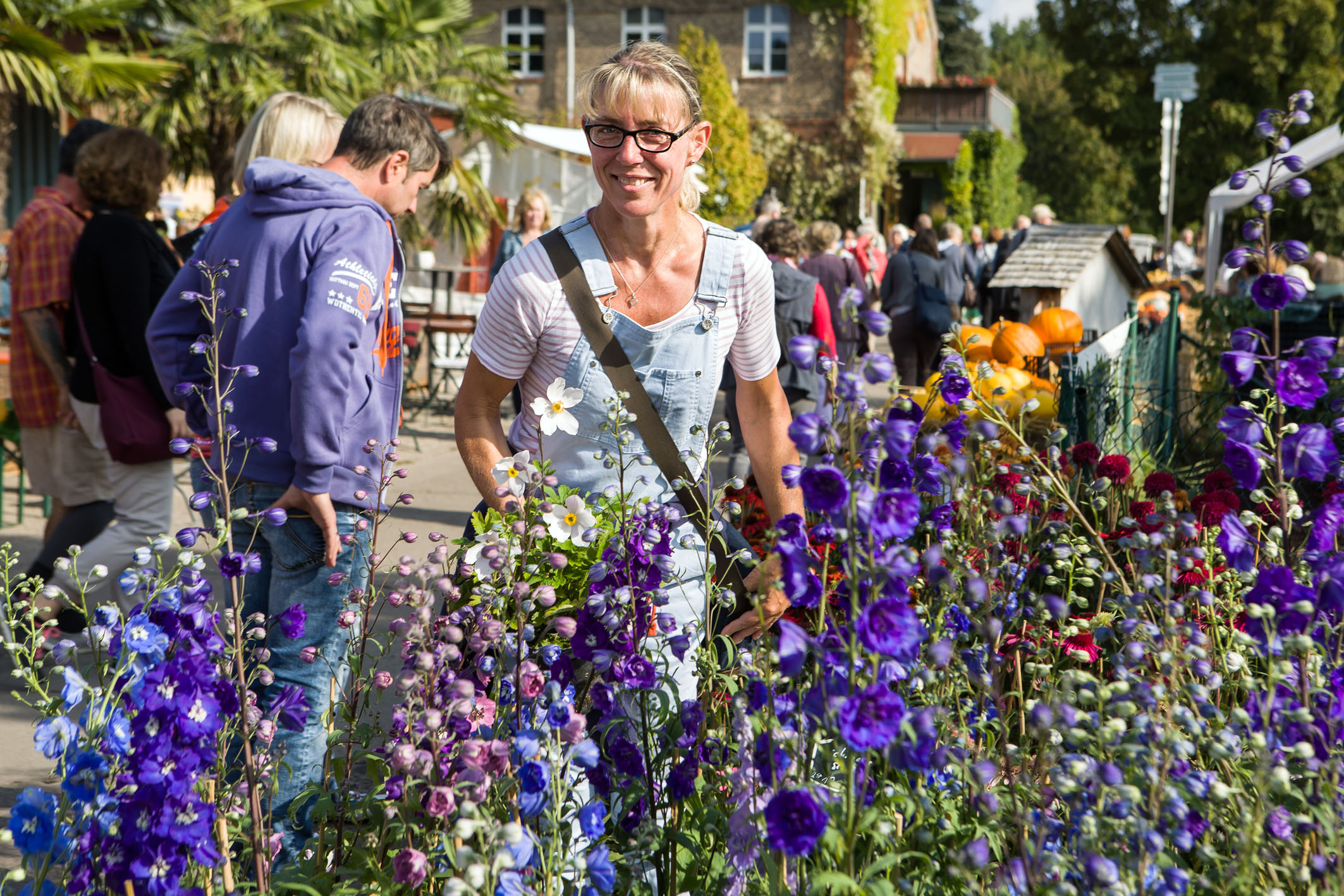 Besucherin vor leuchtend blauen Herbstblumen