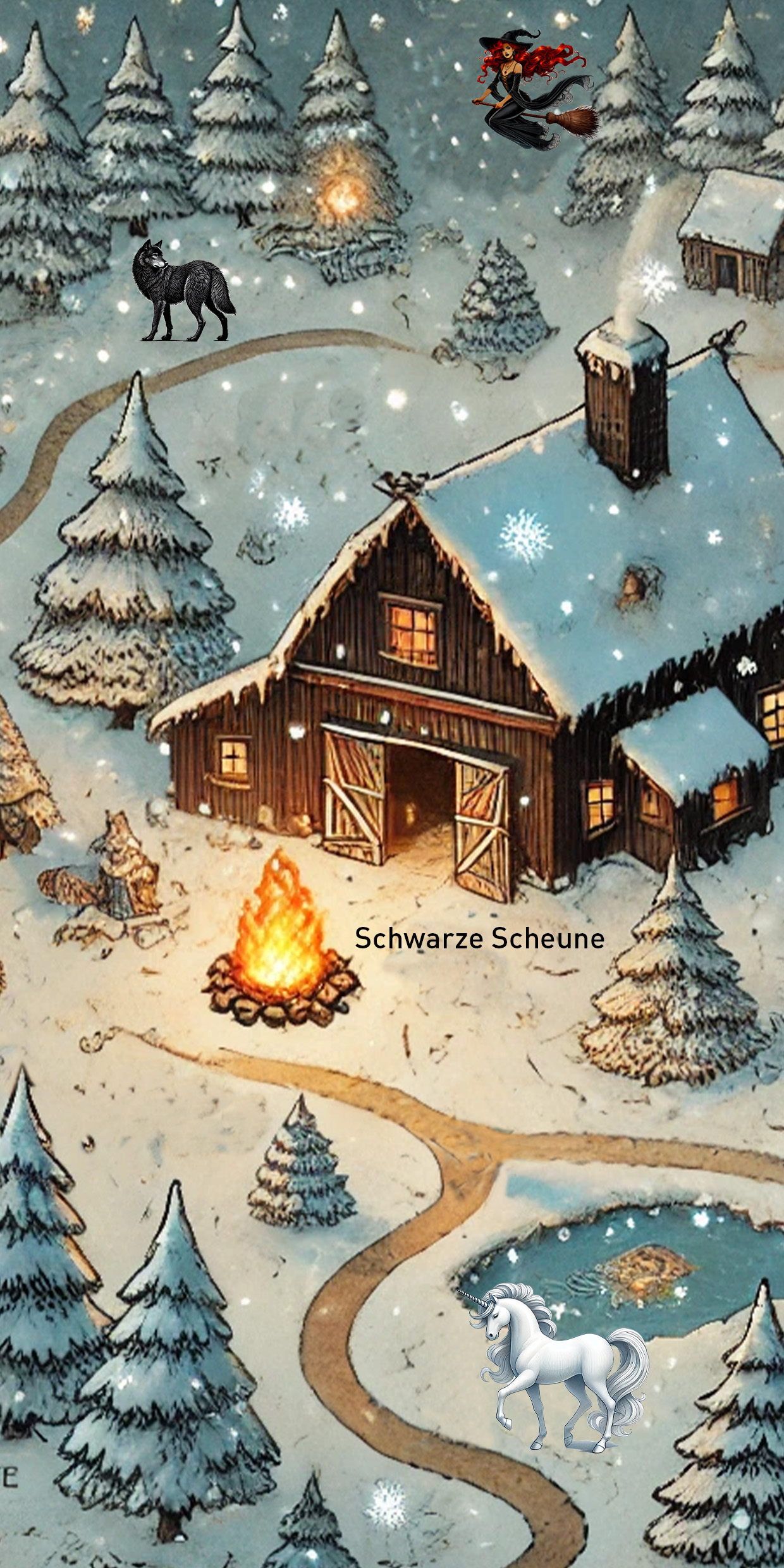 Dunkle Scheune im verschneiten Tannenwald mit Lagerfeuer und Märchenfiguren - Märchenzeichnung